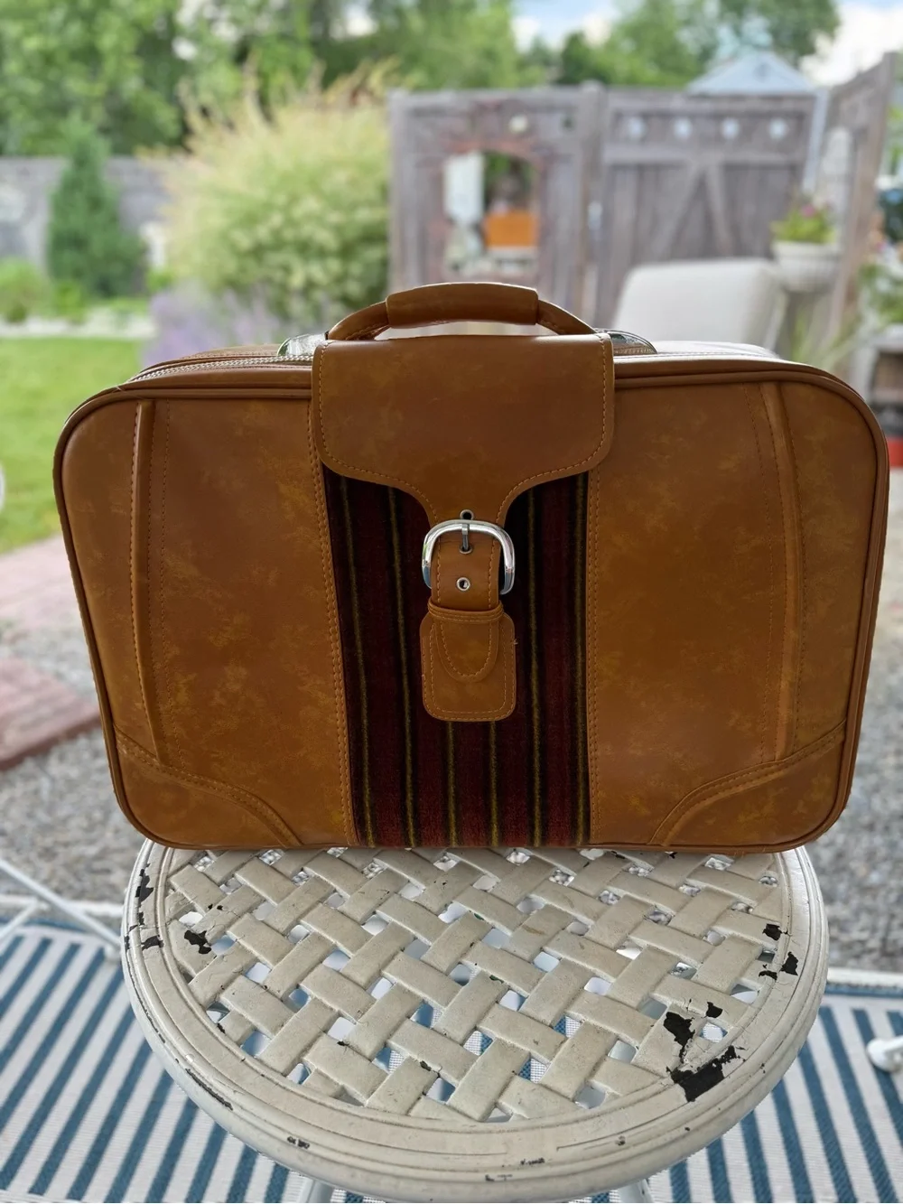 Vintage Men's Travel Suitcase Luggage in Cognac Brown Carpet Panel Accent